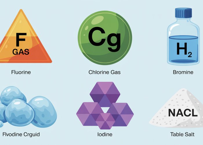 Examples of Halogens: Fluorine, Chlorine, Bromine, Iodine, and Sodium Chloride