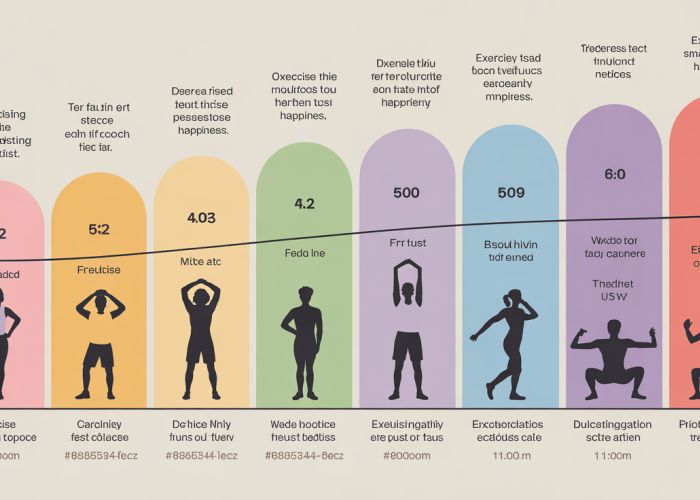 Infographic showing the positive correlation between exercise frequency and happiness levels. Different exercise types are ranked by their impact on well-being.