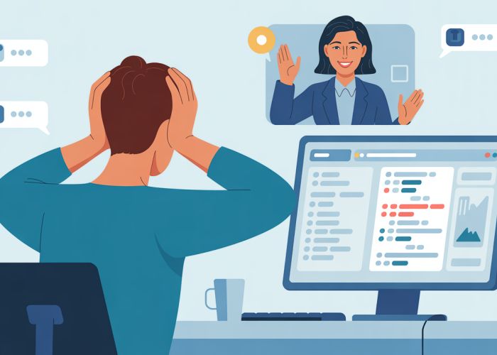Frustrated user receiving expert tech support via video call.