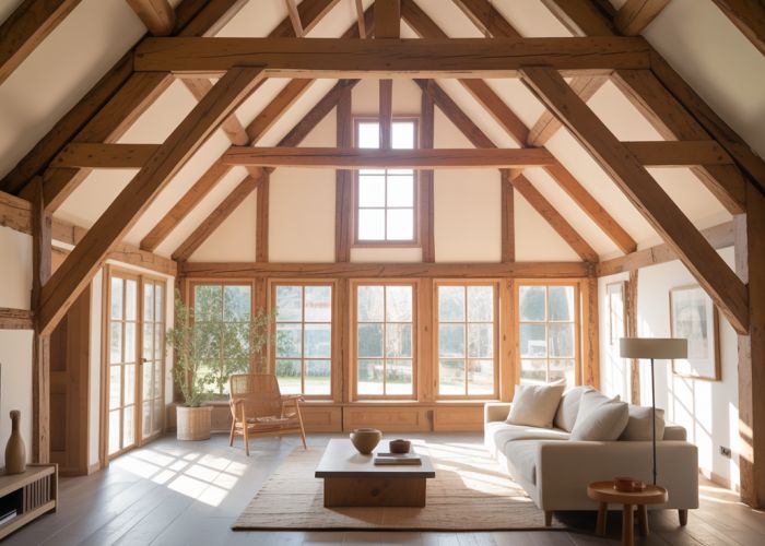 Exposed wooden rafters providing architectural interest in a modern farmhouse living room.