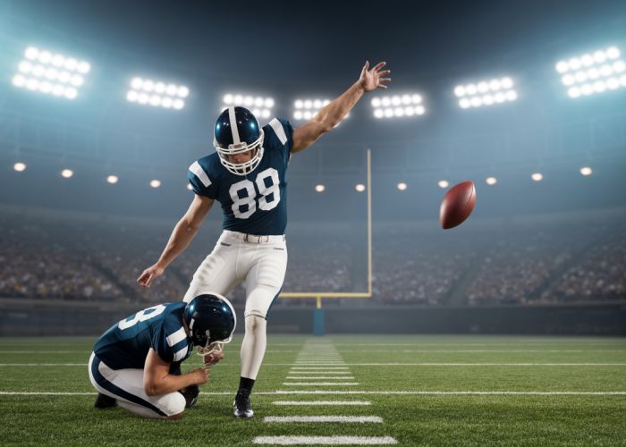 Football player kicking an extra point after a touchdown.