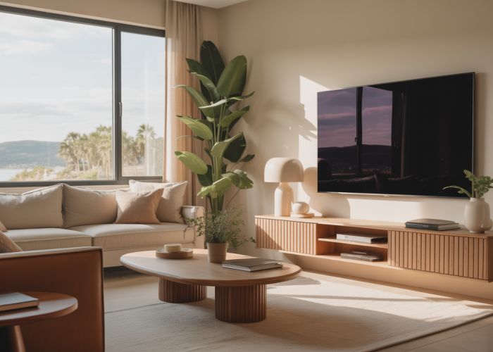 Comfortable living room with a television mounted at eye level, promoting ergonomic viewing.