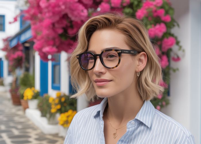 Stylish person wearing eyeglasses walking on a scenic street in Greece, NY.