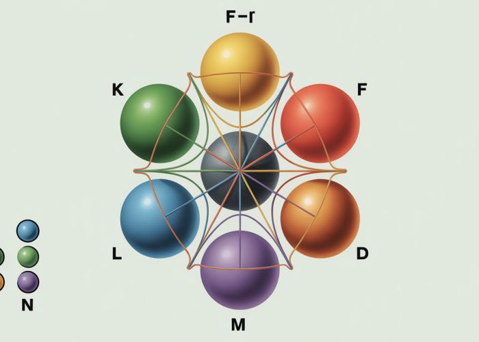 Diagram of the f shell showing the seven f orbitals and their complex shapes.