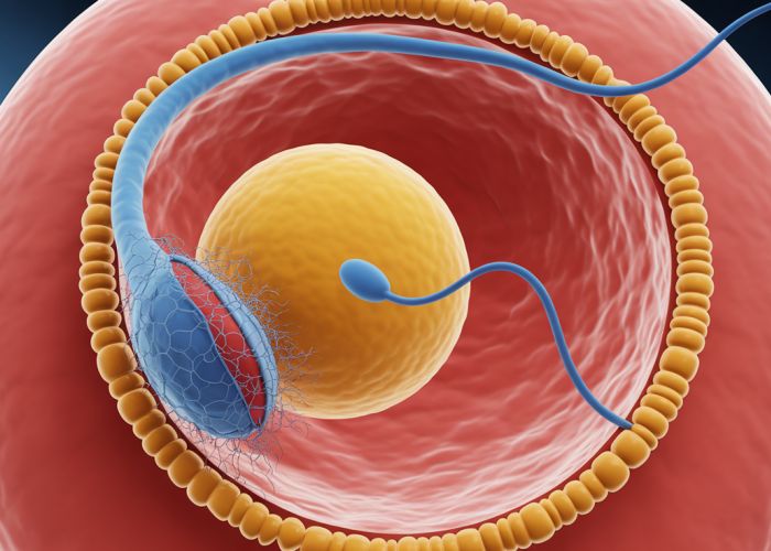 Close-up illustration of fertilization process within the fallopian tube, showing sperm cells approaching and penetrating the egg.