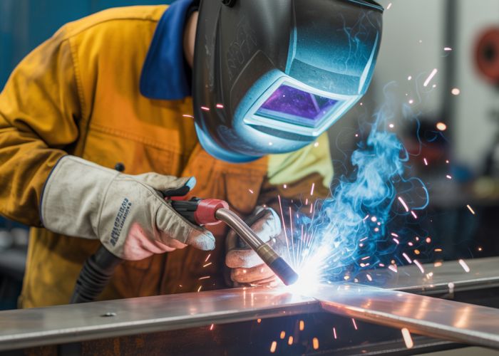 Close-up of FCAW welding showing sparks and molten metal.
