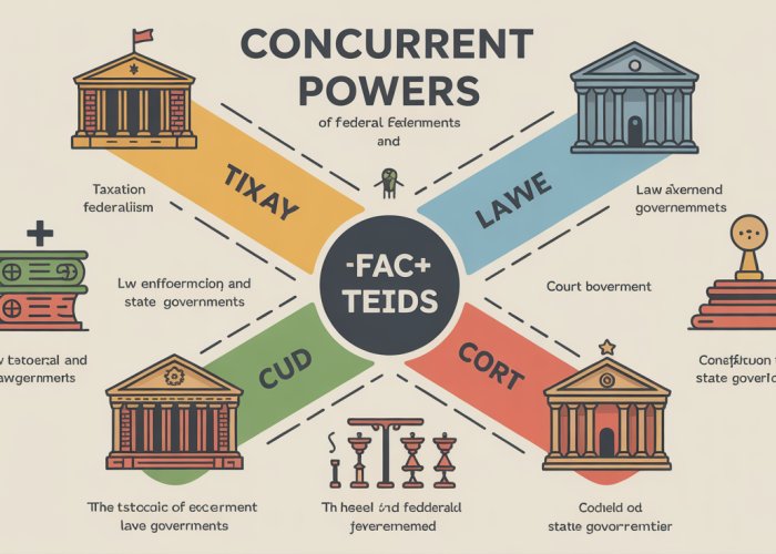 Infographic illustrating concurrent powers under federalism, showing areas where federal and state governments share authority.