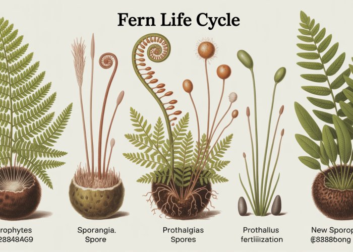 Illustration of the fern life cycle stages, including sporophyte, sporangia, spores, prothallus, and fertilization.