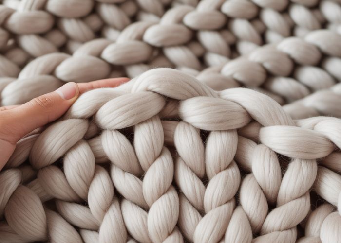 Close-up of a half-finished chunky knit blanket made with finger knitting, showing the large, soft stitches.