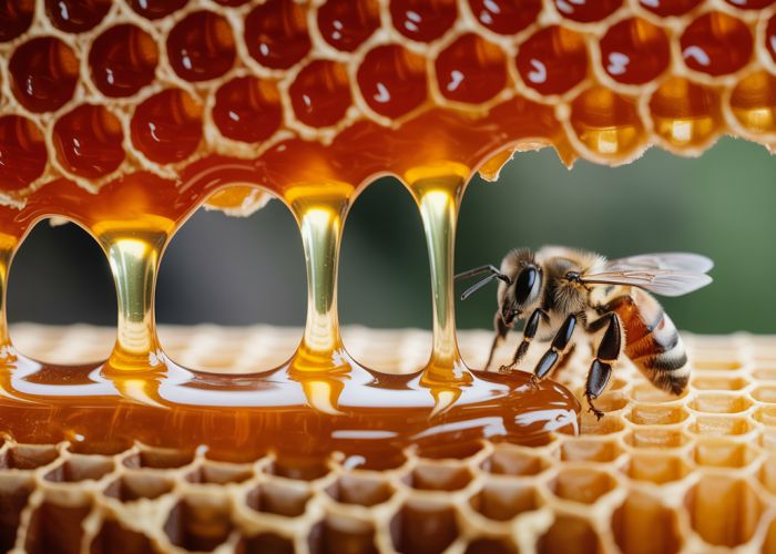 Close-up of honeycomb with dripping honey and a bee bathed in a fiery glow, highlighting 'fire bee honey'.