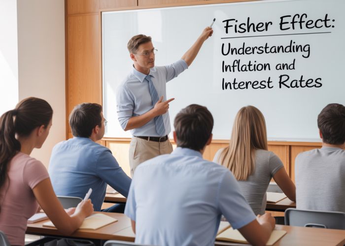 Professor explaining the Fisher Effect to students in a classroom, focusing on the relationship between inflation and interest rates.