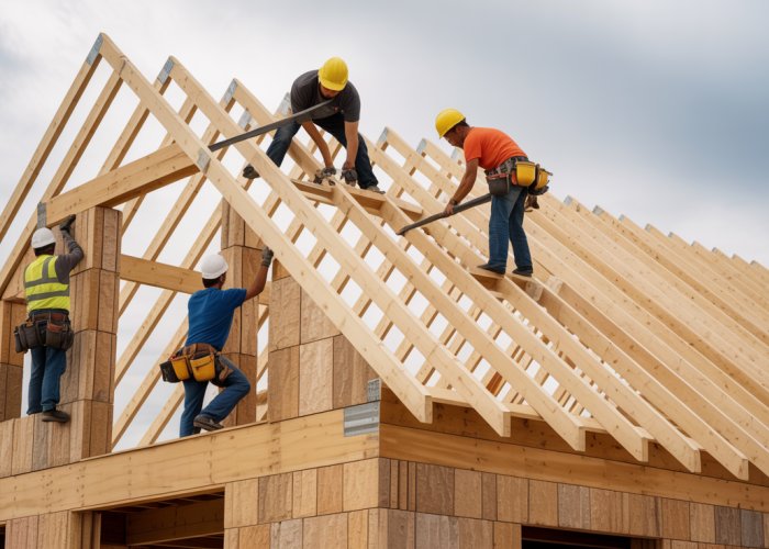 Construction workers carefully fitting roof trusses on a new residential building.