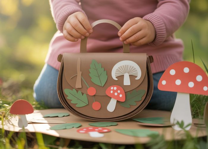 Child crafting a paper forager hat and satchel surrounded by paper mushrooms and berries.