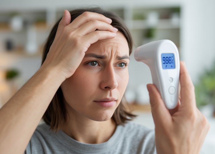 Checking temperature with a forehead thermometer for accuracy.