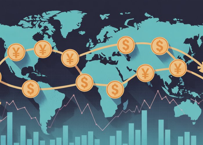 Global network visualizing the flow of currency in foreign exchange contracts.