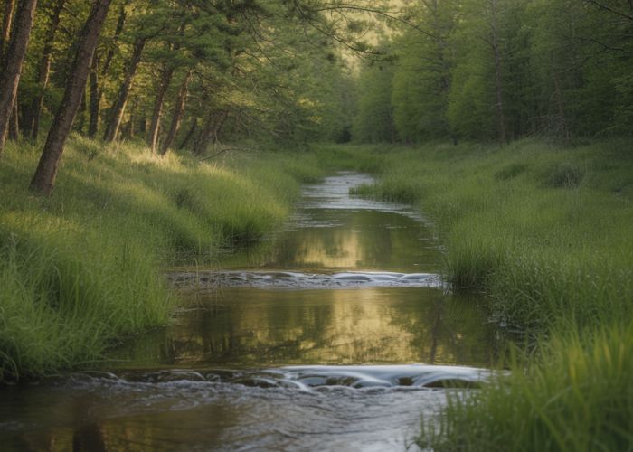 Small creek winding through a green forest