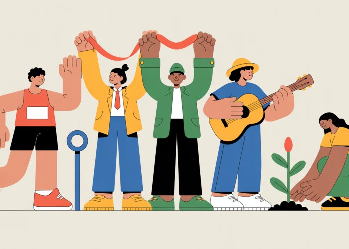 Diverse group of people starting various activities: running a race, opening a business, tuning a guitar, and planting a seed, illustrating different ways to 'empezar' or 'start'.