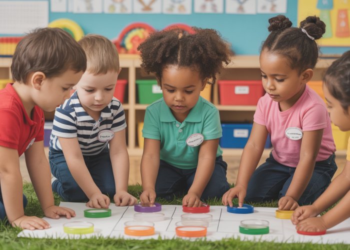 Kindergarten students engaged in a formative assessment activity with building blocks and a smiling teacher.