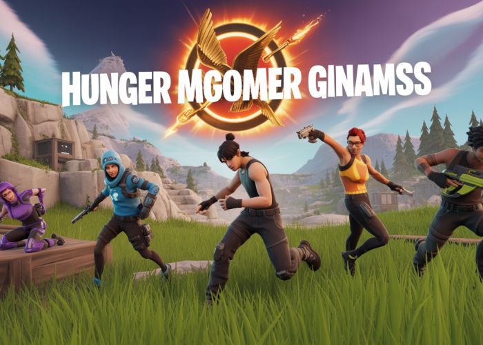 Fortnite Hunger Games: Characters battling in a survival arena with Fortnite skins and weapons.