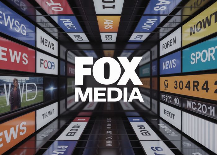 Fox Media Group logo surrounded by representations of their news, sports, and entertainment divisions.
