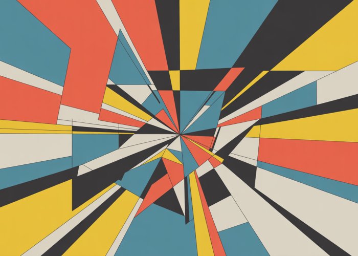 Abstract digital art featuring fragmented shapes and contrasting colors, symbolizing postmodern fragmentation.
