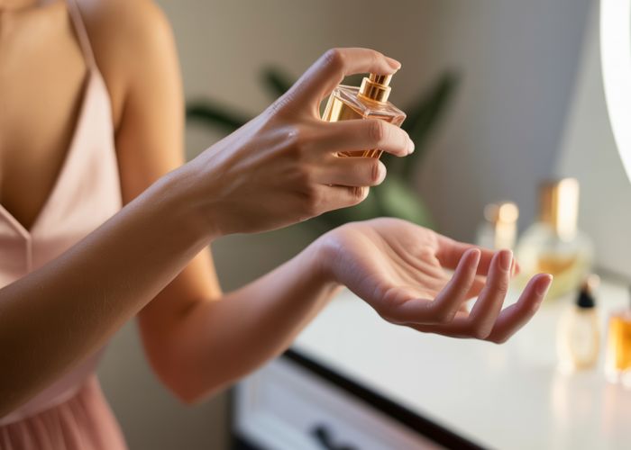 Woman applying perfume to her wrist, demonstrating fragrance pulse point application.