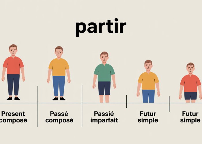 French verb 'partir' conjugation table showing irregular forms in present, passé composé, imparfait, and futur simple tenses with example sentences.