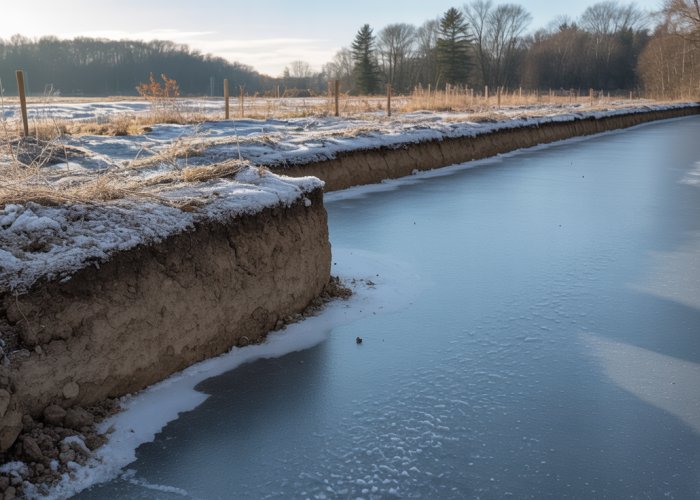 Frost line in Massachusetts soil demonstrating frost depth during winter.