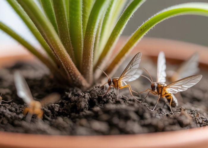 Fungus gnats swarming on topsoil of a houseplant.