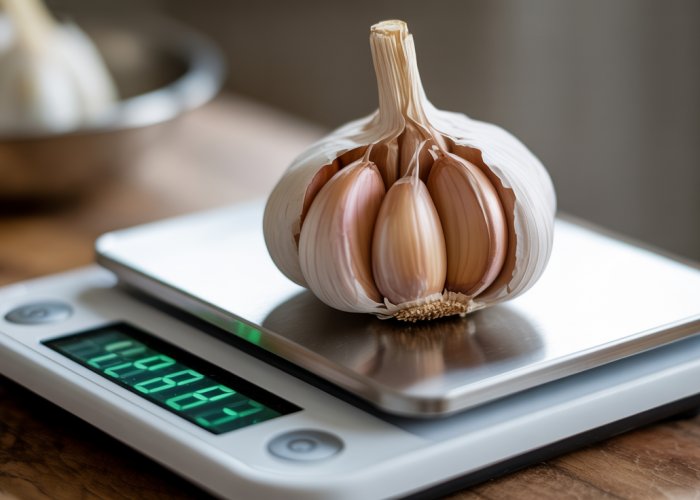 Single garlic clove weighing on a digital kitchen scale.
