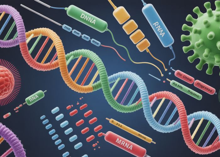 Illustration of gene transcription showing DNA, RNA polymerase, mRNA, and transcription factors.