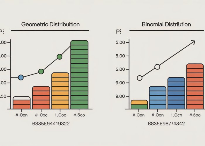 Comparison of geometric and binomial distributions visualized with stacked bar charts. The charts illustrate the probability of different outcomes based on varying success probabilities (p).