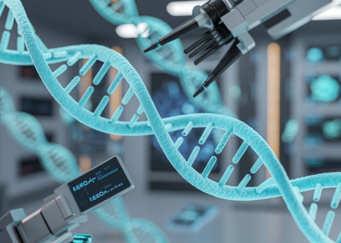 Futuristic laboratory with robotic gizmos profiling glowing DNA strands.