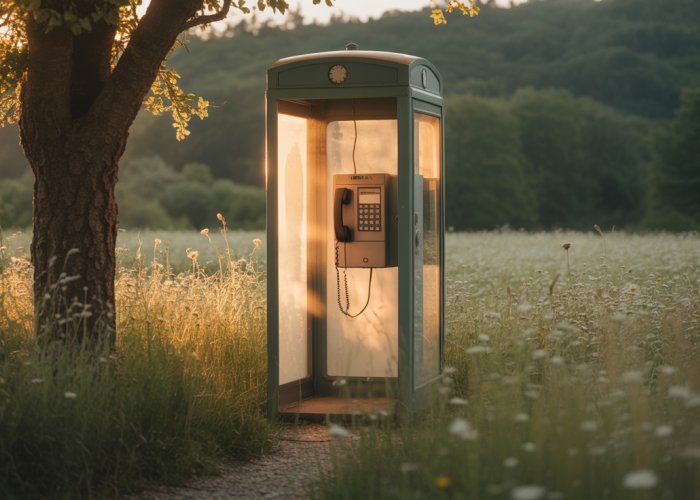 Vintage phone booth glowing in a field of wildflowers, symbolizing connection to divine help.