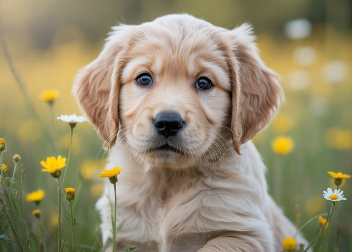Golden retriever puppy playing in a field of wildflowers