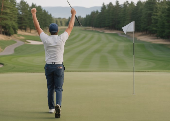Golfer pumps fist in the air after achieving par on the 18th hole.