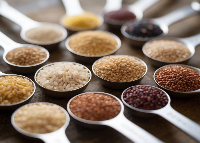 Small measuring spoons filled with various grains showing milligram measurements.