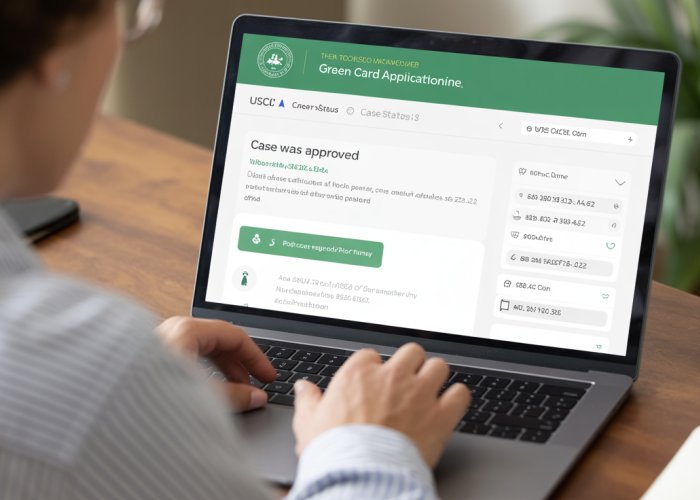 Person smiles at their laptop showing a 'Case Was Approved' message for their green card application.