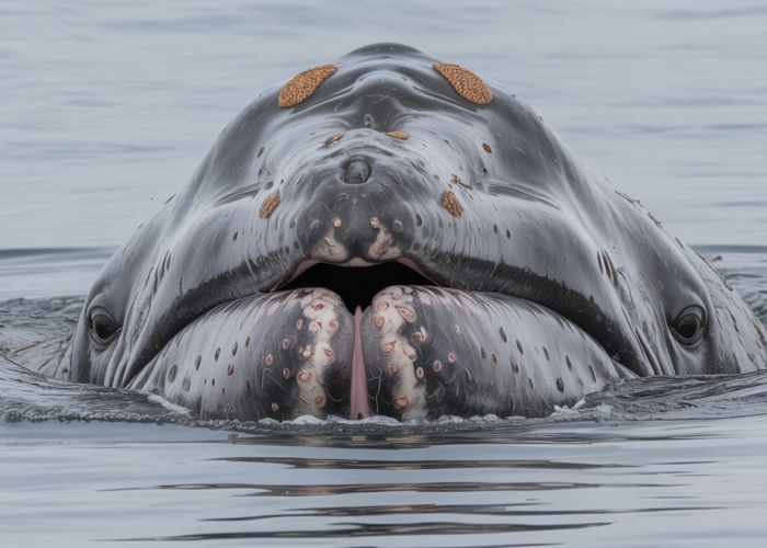 Grey whale filtering amphipods from the seafloor with its baleen.