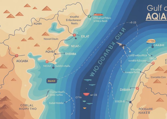 Map of the Gulf of Aqaba, showcasing cities, coral reefs, dive sites, and geographical features.