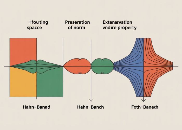 Illustration of the Hahn-Banach Theorem showing a function being extended from a subspace to the entire vector space while preserving its norm.