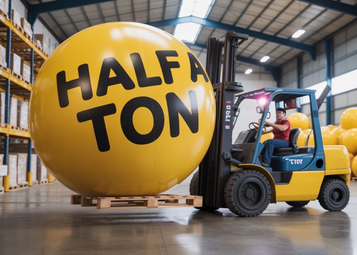 Forklift struggling to lift a comically large object labeled 'Half a Ton'