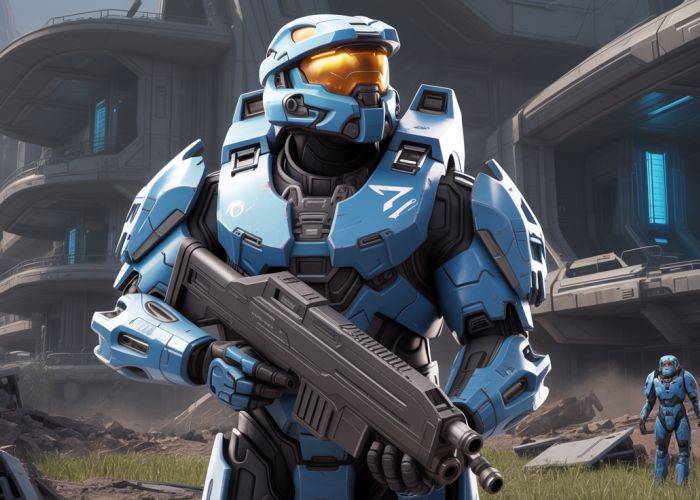 Halo Covenant Elite Zealot Leader standing in ruins.