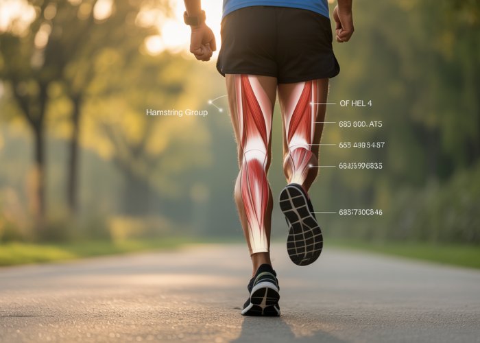 Runner sprinting, highlighting hamstring muscles to illustrate their function in running.