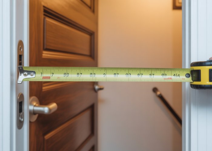 Handicap accessible doorway width being measured with a measuring tape.
