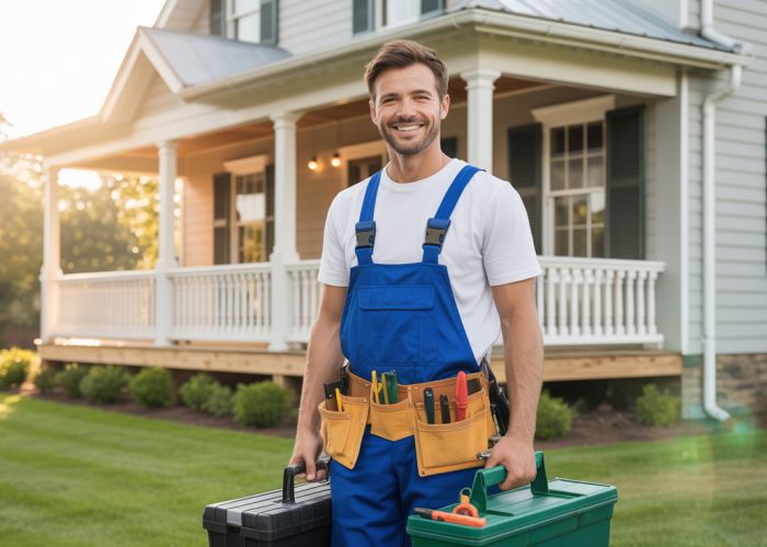 Handyman smiling with toolbox, emphasizing the importance of a handyman business license.