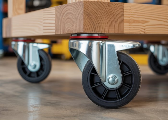 Harbor Freight heavy-duty casters installed on a workbench for easy mobility.