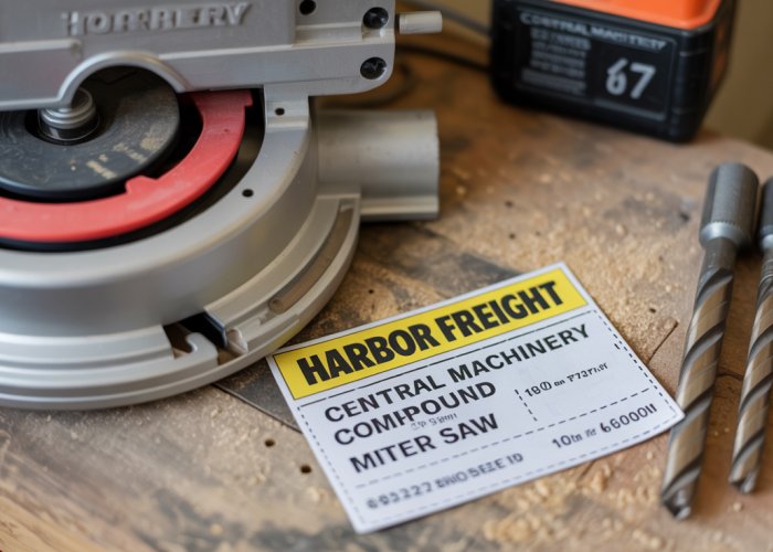 Harbor Freight coupon for a Central Machinery 10 inch compound miter saw discount on a workbench with tools.