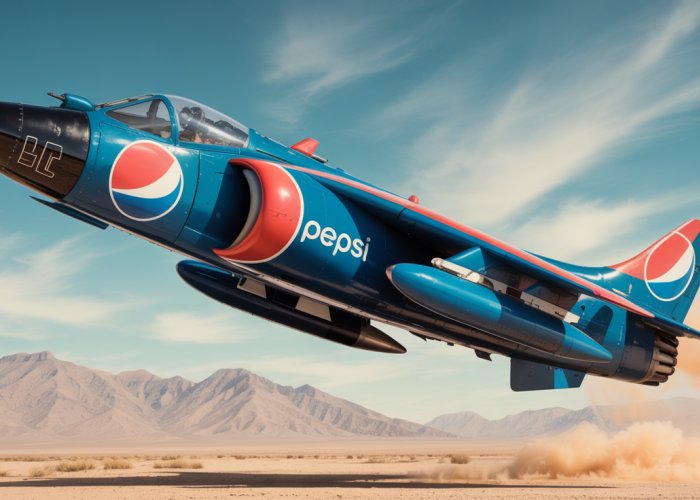 Vintage Harrier jet in Pepsi livery hovering over a desert landscape.