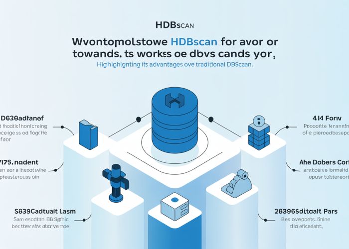 Infographic explaining the HDBSCAN full form: Hierarchical Density-Based Spatial Clustering of Applications with Noise, and illustrating its clustering process.